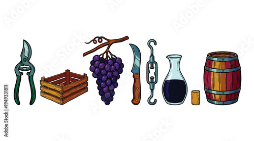 An illustrated set of winemaking equipment including grapes, a barrel, and tools is arranged horizontally on a plain white background.