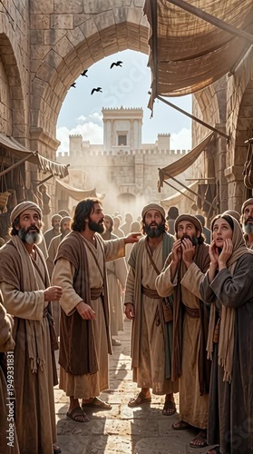 Group of Jerusalem people pointing toward temple area discussing the Christ vertical video