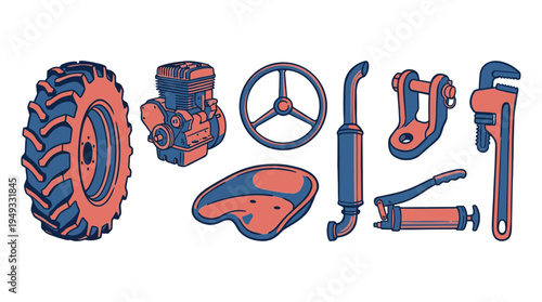 An assortment of red and blue illustrated tractor parts, including a tire, engine, and steering wheel, is displayed on a white background.