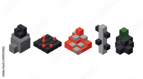 Five different isometric pixel art structures built from cubes in various colors are arranged on a clean white background.