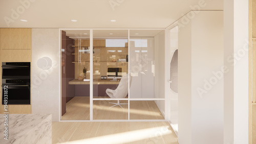 Fotografie Modern home office with glass partition and warm wood interior design