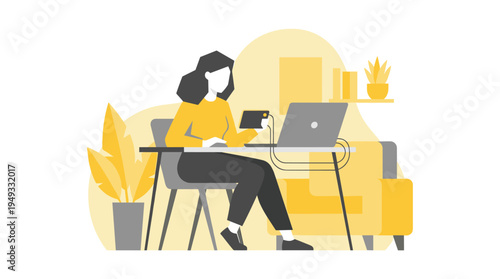 A woman in a yellow sweater works on her laptop while holding a smartphone at her desk in a modern home office.