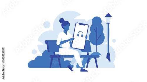 A woman in white clothing sits on a blue park bench and holds a large smartphone with a headphone icon on the screen.