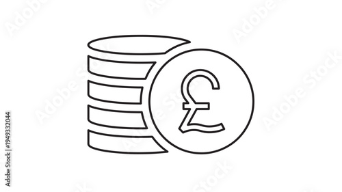 Pound Sterling coins icon with the currency symbol on a coin next to a stack of coins, representing finance and wealth.