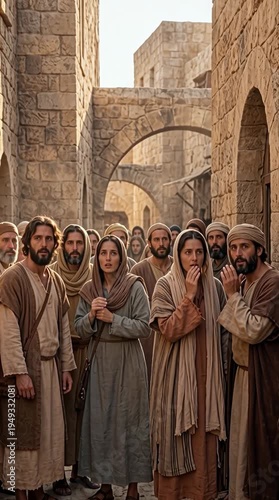 Inhabitants of Jerusalem in crowded ancient streets whispering about a figure they seek to kill vertical video