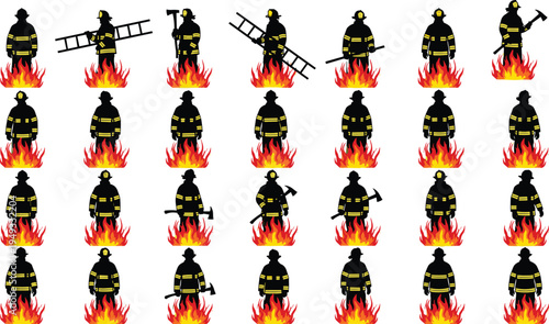 Firefighter silhouettes set fire rescue workers with ladder and axe standing in flames vector illustration isolated emergency service collection