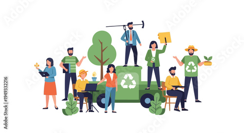 Diverse Team Promoting Green Living, Recycling, and Sustainable Environmental Practices. Community Collaboration for an Eco-Friendly Future.