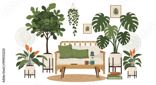 Modern Bohemian Living Room with Lush Houseplants and Rattan Furniture. Cozy Biophilic Interior Design with Indoor Plants and Eco-Friendly Decor Illustration.