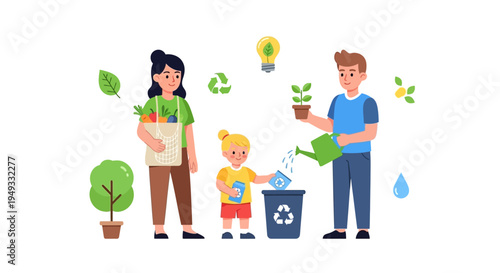 Family engaged in eco-friendly activities: recycling, planting, and green shopping for a sustainable future. Earth Day, environmental protection, and conscious living.