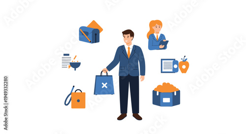 Businessman Managing Business Operations Workflow with Icons of Data, Logistics, Customer Service & Products