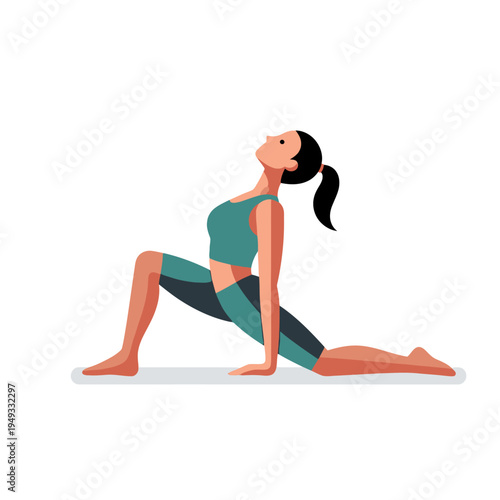 Woman practicing yoga, performing a low lunge pose with arched back and head looking up.
