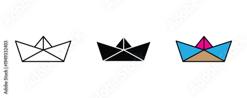 Origami paper boat icon set. Childhood hobby, paper folding art, and nautical sailing symbols. Vector Illustration.