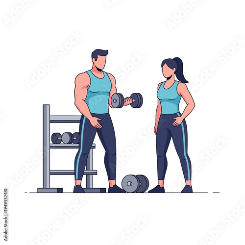 Fit Couple Exercising Together in Gym, Man Lifting Dumbbell, Woman Standing