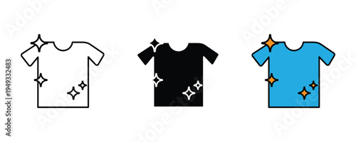 Sparkling clean t-shirt icon set. Professional laundry service, dry cleaning, and fresh apparel symbols. Vector Illustration.