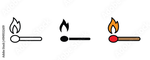 Burning matchstick icon set. Fire ignition, safety match, and flame symbol for lighting. Vector Illustration.