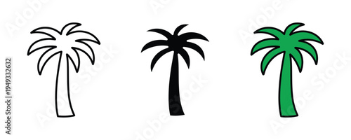 Tropical palm tree icon set. Exotic island vacation, summer beach, and coastal landscape symbols. Vector Illustration.