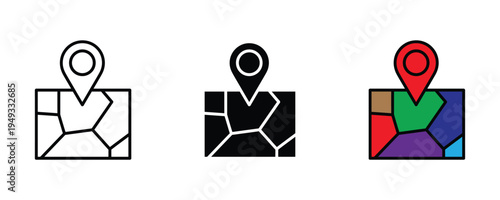 Map with location pin icon set. Navigation, GPS tracking, and regional territory marking symbols. Vector Illustration.