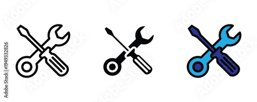 Crossed screwdriver and wrench icon set. Professional repair service, home maintenance, and hardware tool symbols. Vector Illustration.