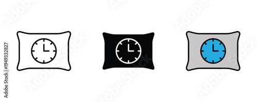 Pillow with clock icon set. Sleep tracking app, bedtime alarm, and rest schedule symbols. Vector Illustration.
