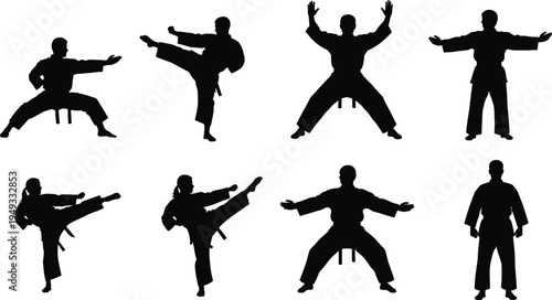 Karate martial arts silhouettes set fighters performing kicks and stances combat sport training vector illustration isolated collection