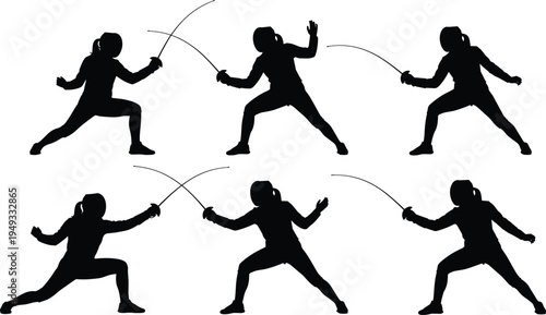 Fencing Athlete Silhouette Set Showing Woman Practicing Sword Fighting Sport with Dynamic Action Poses Isolated on White Background