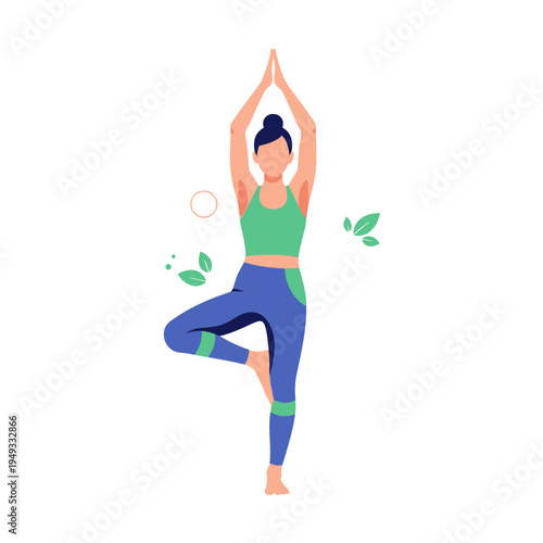 Woman doing Tree Pose yoga, balancing and stretching, healthy lifestyle