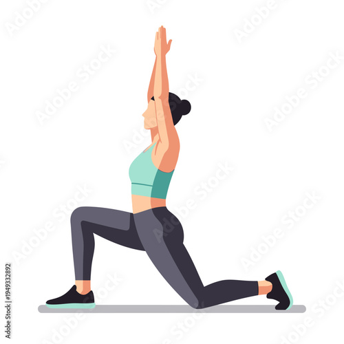 Woman doing yoga crescent lunge pose on white background, illustration, fitness, healthy lifestyle