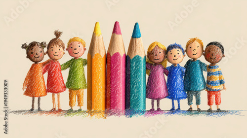 Childlike crayon drawing children unity happy kids color pencil diverse child smiling face friendship group playful art joyful childlike crayon