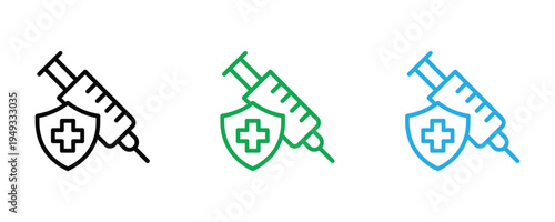 Medical syringe with protection shield icon set. Vaccination safety, immune system boost, and healthcare defense symbols. Vector Illustration.