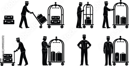 Hotel Porter Bellboy with Luggage Cart Silhouette Collection Showing Hospitality Staff Carrying Suitcases and Trolley Service Icons