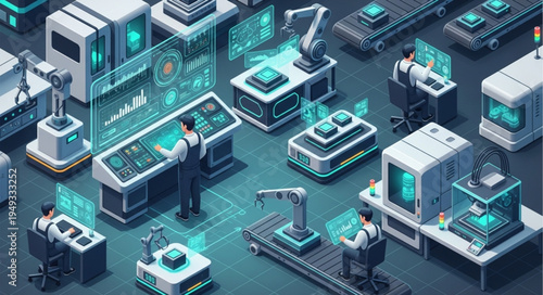 Modern Automated Factory with Robotic Arms and Digital Displays.
