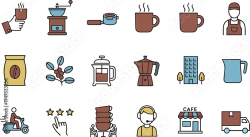 Coffee cafe lifestyle icons set with people and equipment