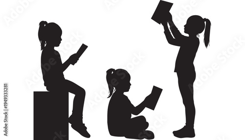 Children reading books silhouettes, one sitting on a box, one sitting on the floor, and one standing in various poses against a white background.