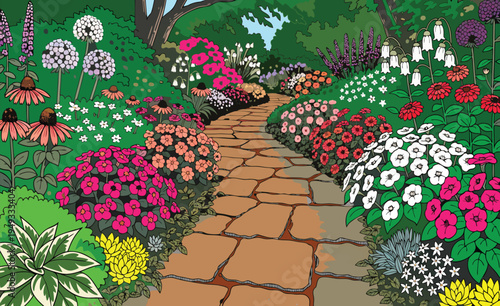 A vibrant illustration of a stone pathway winding through a lush garden filled with colorful blooms