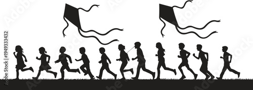 Kids running with kite silhouette, happy children outdoor play activity vector illustration isolated design