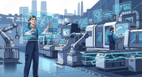 Woman Interacting with Futuristic Factory Hologram Technology.