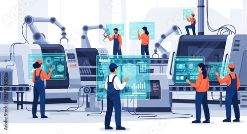 Factory workers operating advanced robotic machinery with digital interfaces.