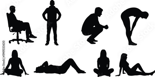 People silhouette set showing sitting, standing, squatting, stretching and relaxing poses isolated on white background human posture collection