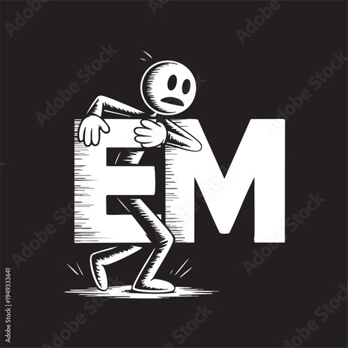 Stressed stick figure struggling to carry large letters conveying frustration and overload concept