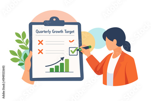 Bilde på lerret Businesswoman checking quarterly growth target on clipboard with graph