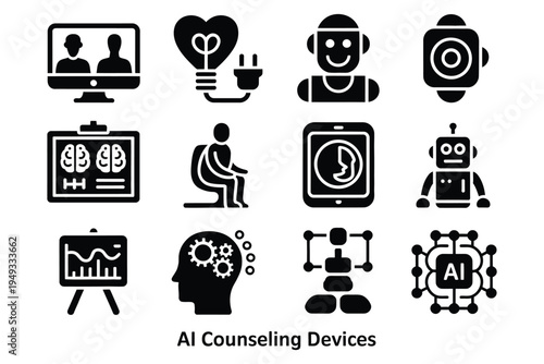 Mindfulness counseling vector icon, ai connected holographic thought hub, interactive wellbeing icons, mental health technology and digital therapy concept.