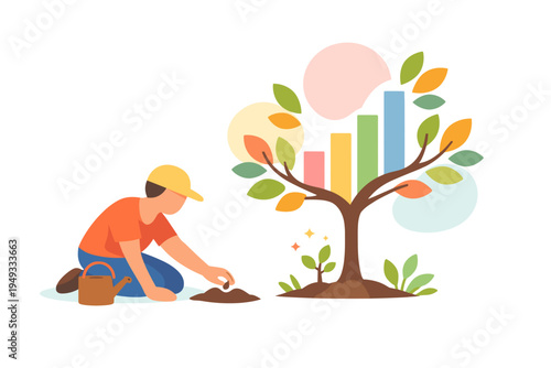 Man planting a financial growth tree with charts.