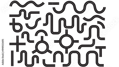 Road segments with white dashed lines, including curves, straightaways, intersections, and roundabouts, for creating custom tracks.