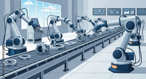 Automated Robotic Arms Working on a Factory Assembly Line.