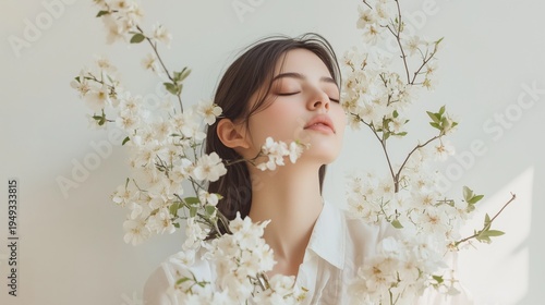 Young Woman Enjoying Blossoms in a Bright Room During the Day