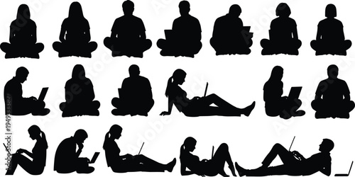 People Using Laptop Silhouette Collection Showing Men and Women Sitting Cross Legged and Relaxed While Working or Studying