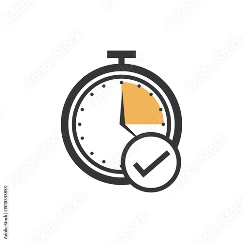 Stopwatch icon with a check mark symbol, representing completed tasks, on-time delivery, and efficient time management for business projects.