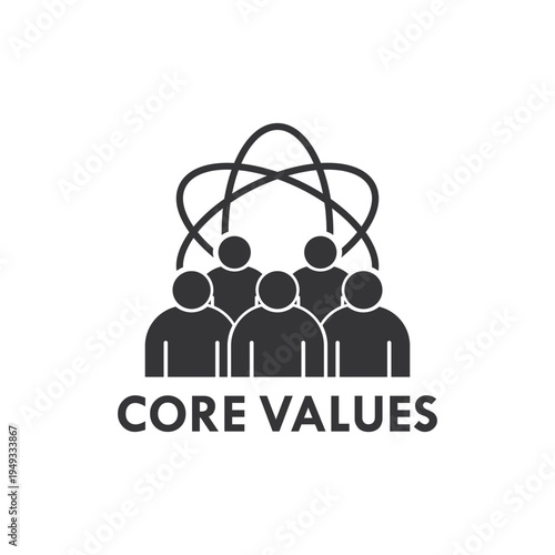 Group of human figures with intersecting orbital lines and Core Values text, representing organizational culture, teamwork, and corporate principles.