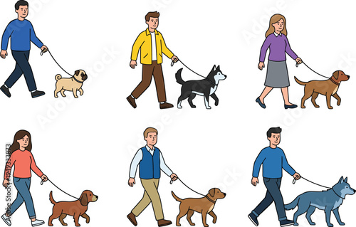 People walking dogs cartoon set with different dog breeds and owners isolated on white background pet walking illustration
