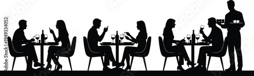 Restaurant dining couple silhouettes scene, people eating at cafe tables with waiter service, black vector illustration isolated